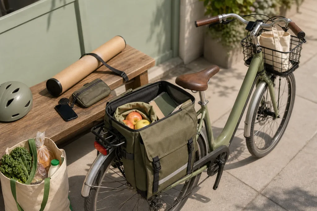 Olive green bicycle with bags full of groceries and other errands items parked beside a wooden bench