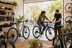 Woman sitting on a bike inside a bright shop while a man explains features beside large windows